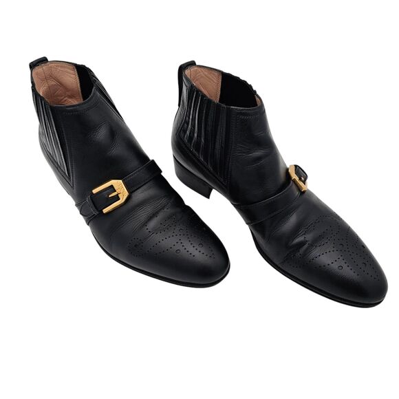 Gucci Worsh Black Leather Chelsea Ankle Boot Size 38.5 US 8.5 Gold Buckle Brogue - Picture 1 of 11